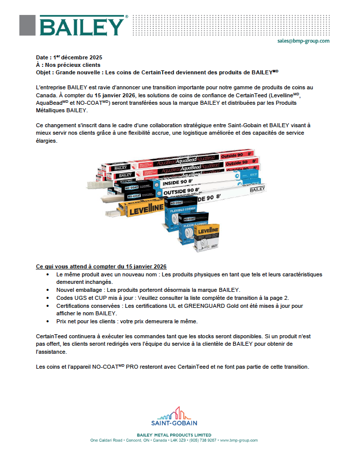 Drywall Corners External Communication BAILEY - FR